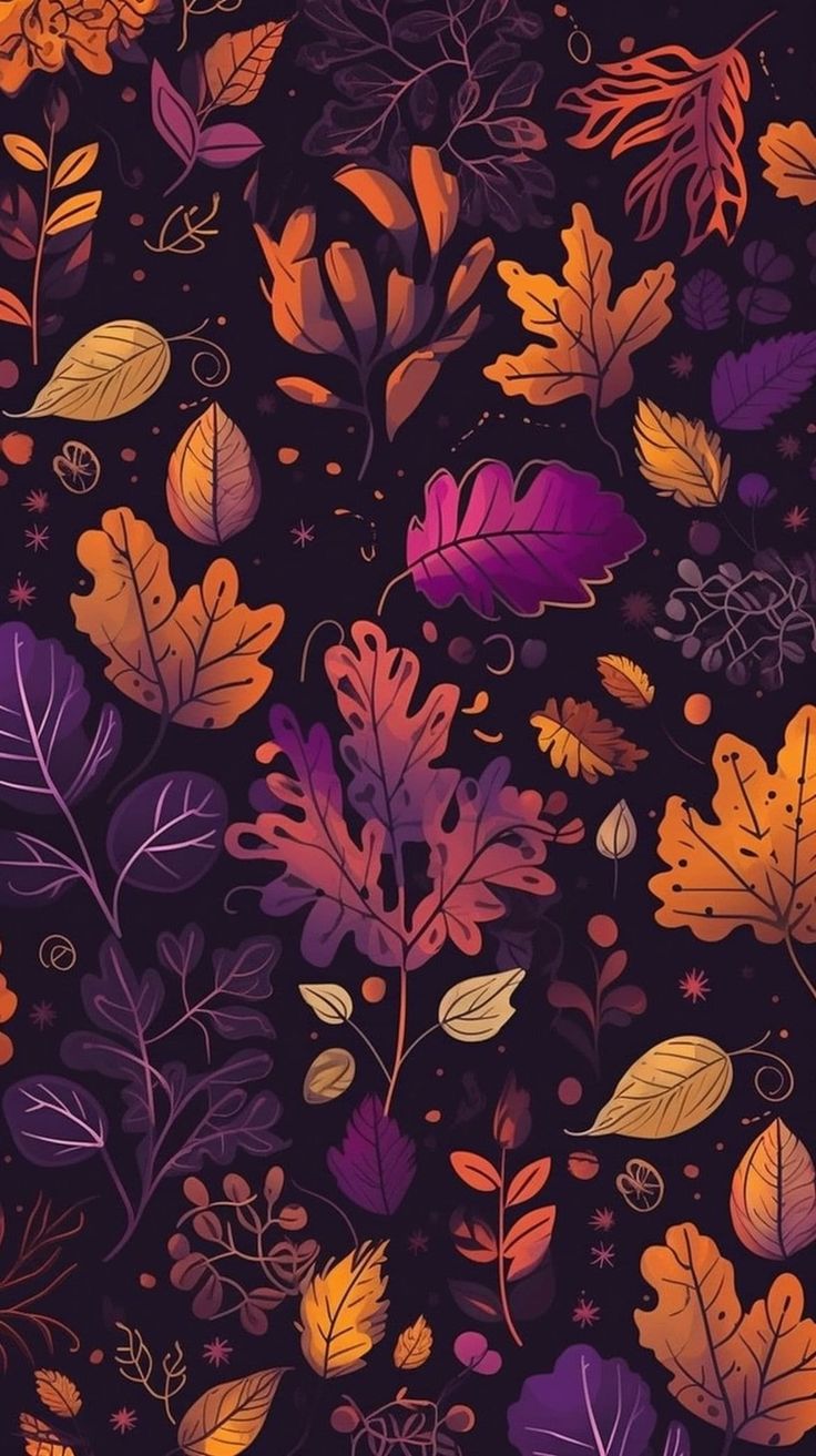 colorful autumn leaves and berries on a dark purple background seamless wallpaper pattern photo