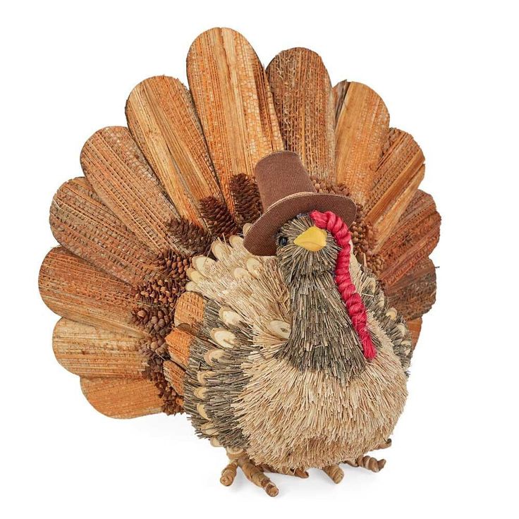 a stuffed turkey with a hat on it's head is standing in front of a white background