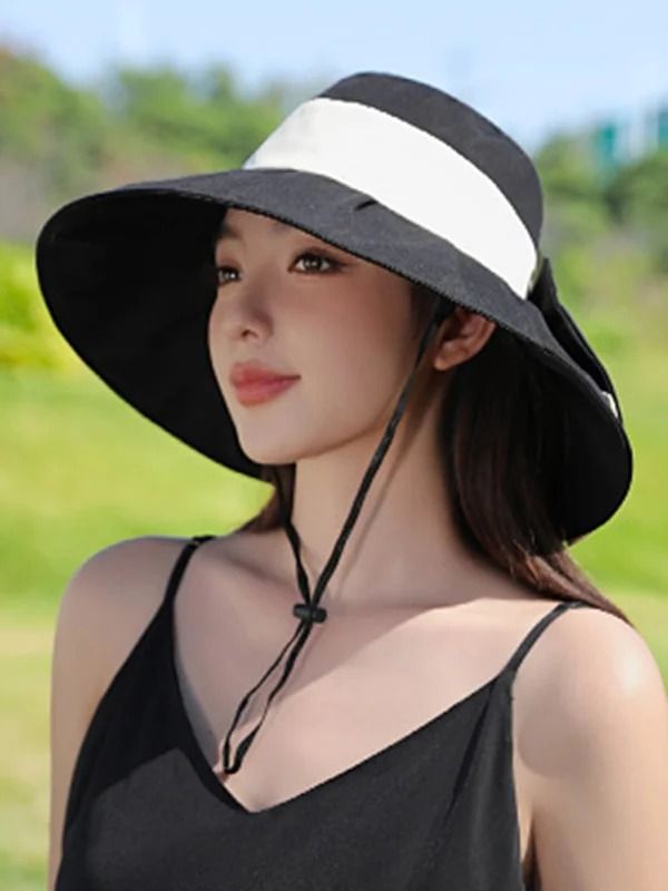 Bowknot Contrast Color Pleated Split-Joint Fisherman Hat Sun Hat Casual Black Summer Hat, Black Summer Hat For Outdoor Use, Black Summer Hat For Outdoor, Black Hat For Outdoor Summer Activities, Black Adjustable Hat For Summer, Adjustable Black Hat For Summer, Black Adjustable Summer Hat, Adjustable Black Summer Hat, Black Fedora Sun Hat, One Size Fits Most