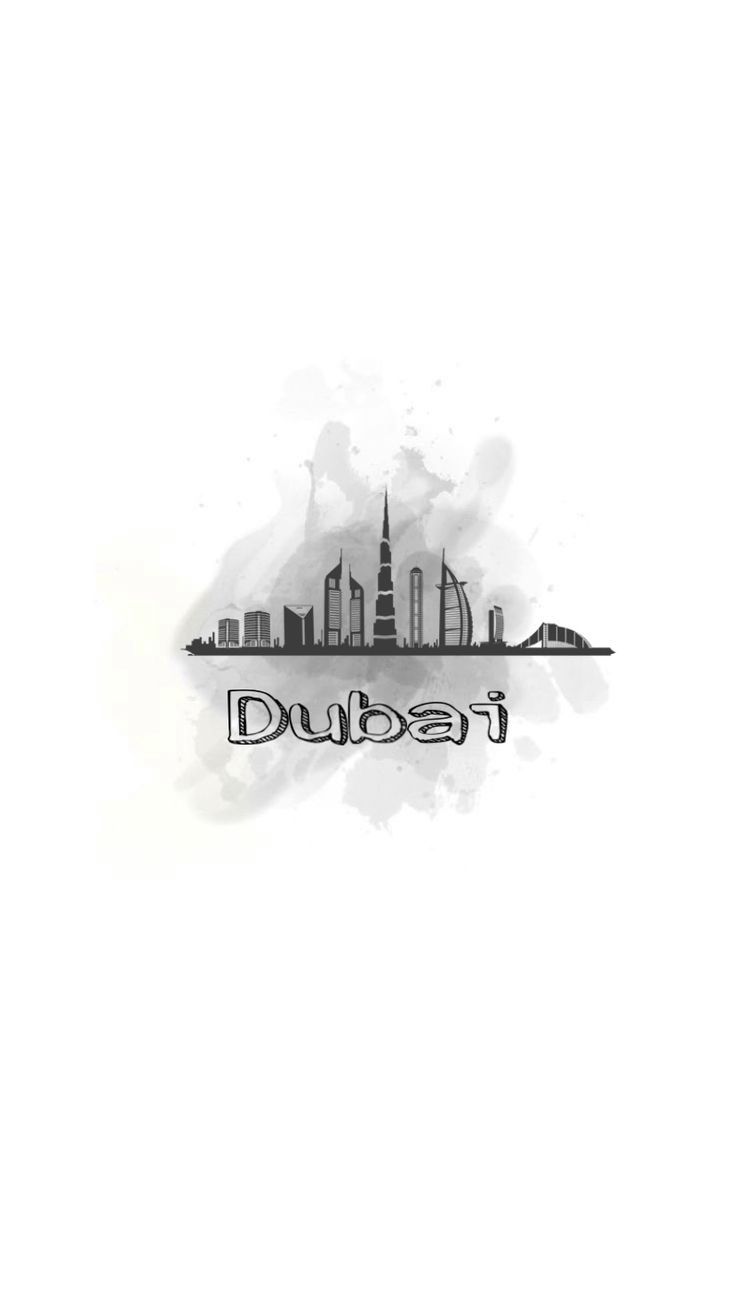 the word dubai written in black and white ink with an image of a cityscape behind it