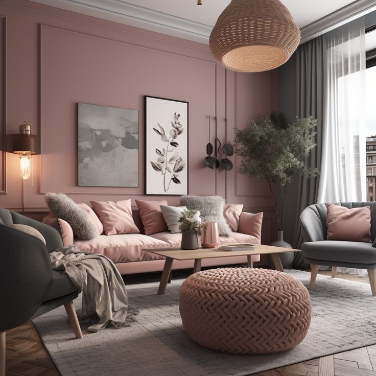 a living room with pink couches and pictures on the wall above them, along with a round coffee table