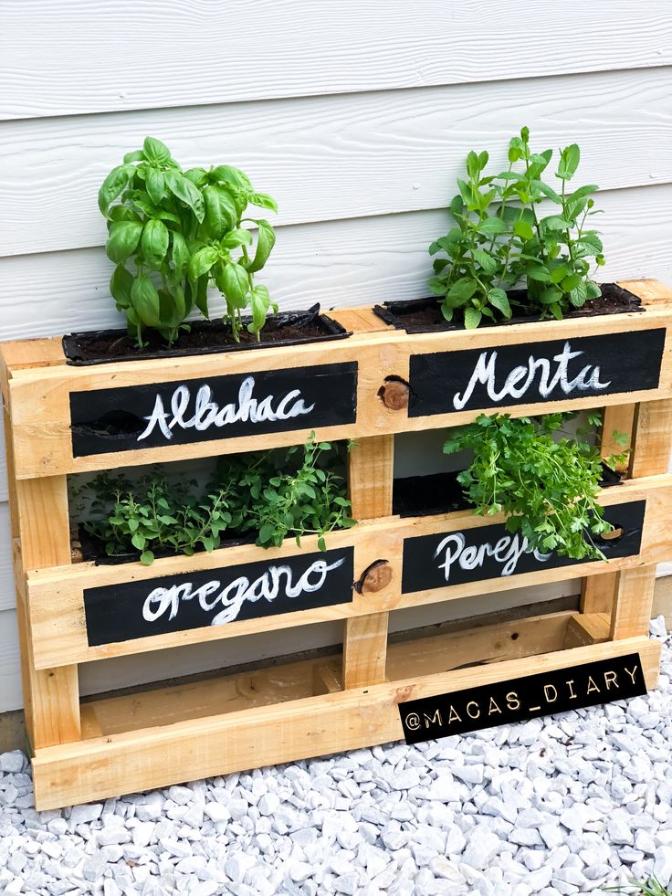 three wooden planters with herbs in them