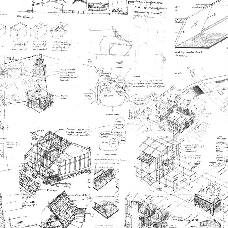 architectural drawings showing different types of buildings and their construction plans, including the roof structure