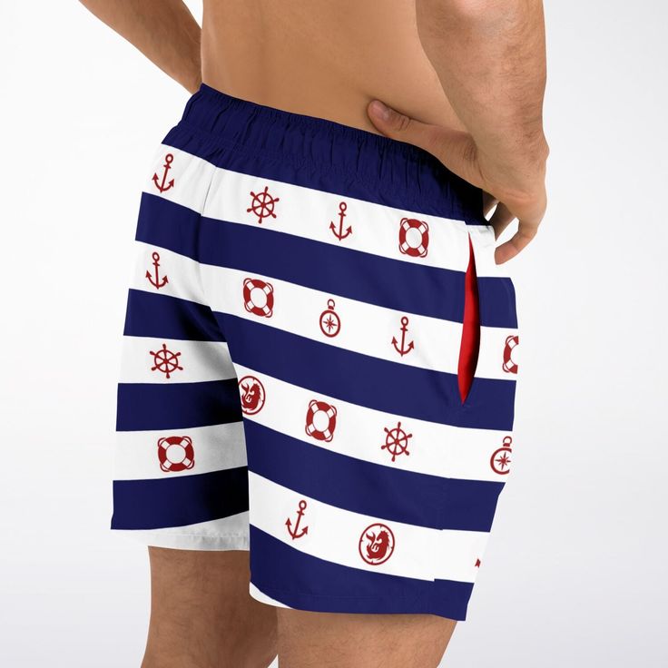 Get ready to soak up the sun in our Maris Equi Men's Nautical Swim Shorts. Designed for comfort and performance, this swimsuit is perfect for all your aquatic adventures. Mix and match with our coordinating shirts, flip flops, and swim briefs to create your own signature beach look. Shop now and make waves with Maris Equi! These swim trunks are handmade after you order them. Please allow 2 weeks for delivery. This suit has a lot of stretch and is very size friendly. If you want a tighter look, s Bermuda Swim Trunks With Built-in Shorts For Vacation, Beachy Swim Trunks For Swimming, Summer Swim Trunks For Vacation Swimming, Bermuda Swim Trunks With Built-in Shorts For Beach, Summer Swimming Bottoms With Upf 50+, Beachwear Swim Trunks For Swimming, Beachwear Style Short Swim Trunks For Swimming, Vacation Beach Swim Trunks With Built-in Shorts, Navy Swimwear With Built-in Shorts