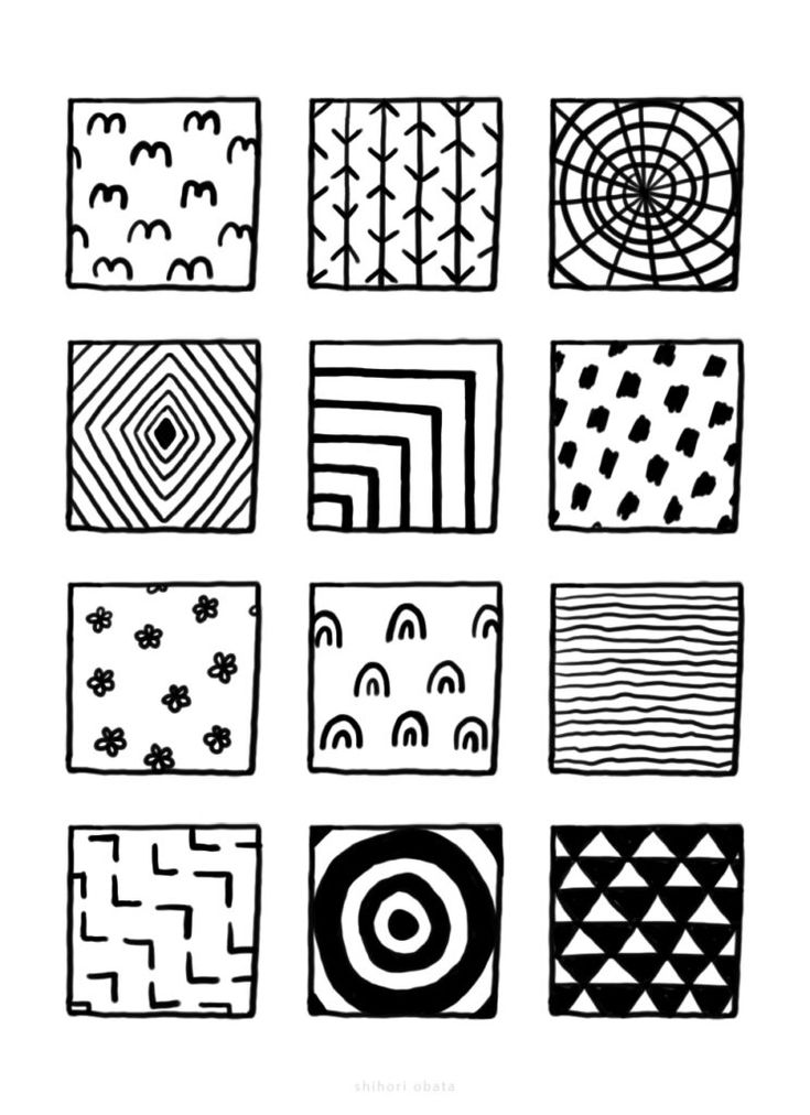 black and white squares with different designs on them, all drawn in one single line