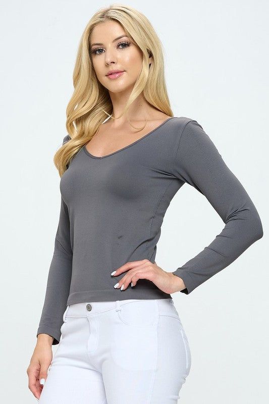 Women's Solid Color Seamless Reversible Long Sleeve Top• Reversible Scoop-neck or V-neck• Ultra Soft• Curve-Hugging• Long Sleeve• Body Contouring• Stretchy Knit• Machine Wash• Imported 92% Nylon / 8% Spandex OS:- One size fits most 0-14 OS Curvy:- One size fits most plus 16-22 Gray Scoop Neck Seamless Top, Chic Gray Seamless Scoop Neck Tops, Gray Seamless Scoop Neck Top, Versatile Seamless Gray Tops, Versatile Gray Seamless Tops, Versatile Gray Seamless Top, Rachel Clark, Reversible Top, Knit Machine