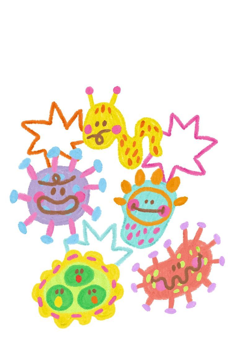 four different colored stickers that are in the shape of germs on a white background