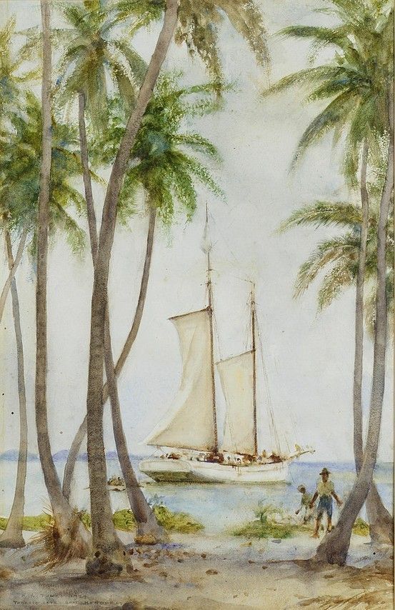 a painting of a sailboat in the water surrounded by palm trees