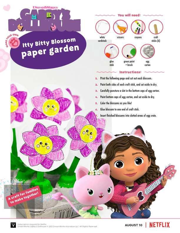 an advertisement for the baby dollhouse paper garden, featuring a girl holding a pink cat and