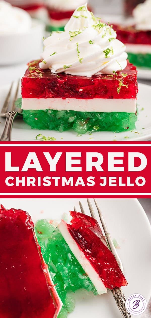 layered christmas jello dessert on a white plate