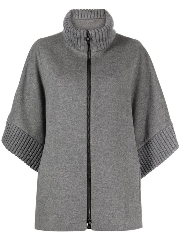 grey virgin wool knitted construction ribbed detailing branded zip puller high neck front two-way zip fastening wide sleeves straight hem Cinzia Rocca, Jacket Cape, Zip Puller, Wide Sleeves, Wool Jacket, Gray Jacket, Outerwear Jackets, High Neck, Luxury Fashion