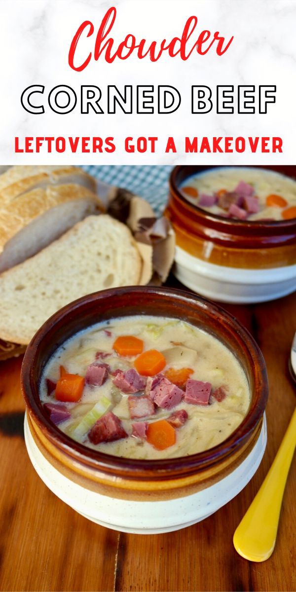 two bowls of corned beef soup with bread on the side