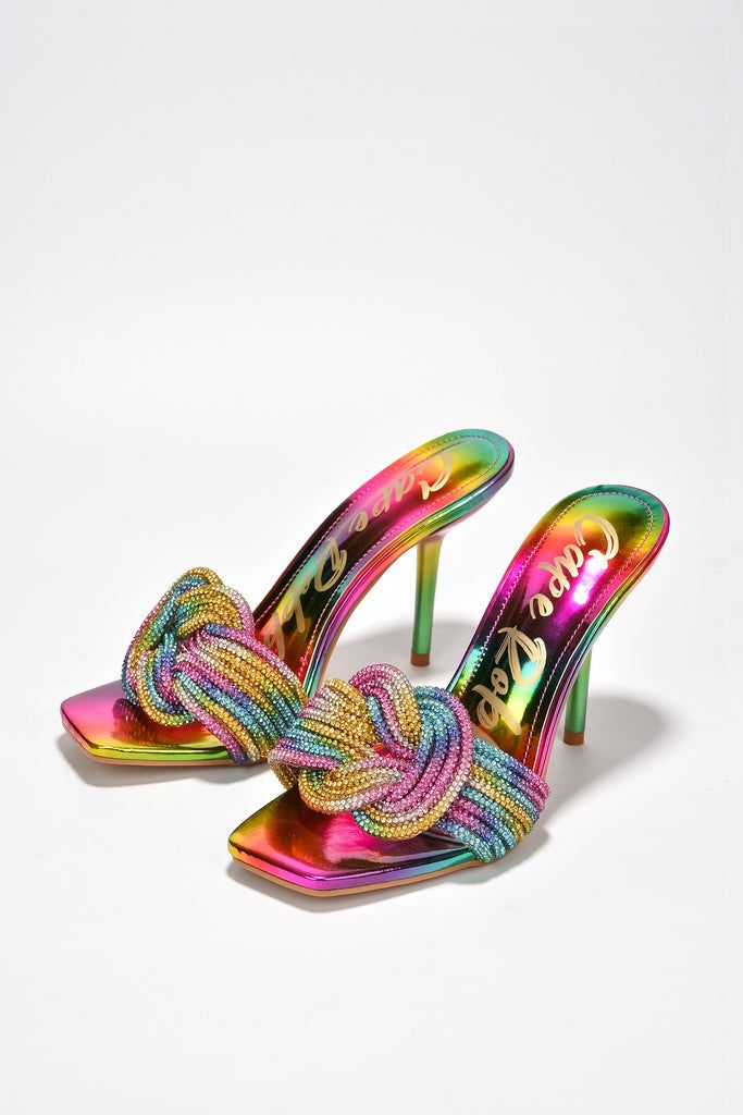 Rainbow Round Toe Sandals For Party, Rainbow Sandals With Round Toe For Party, Multicolor Heels With 4-inch Heel For Night Out, Rainbow Open Toe Heels For Party, Rainbow Open Toe Synthetic Heels, Multicolor Pointed Toe Heels For Night Out, Rainbow Heels For Spring Party, Rainbow Heels For Party, Glamorous Multicolor Open Toe Heels