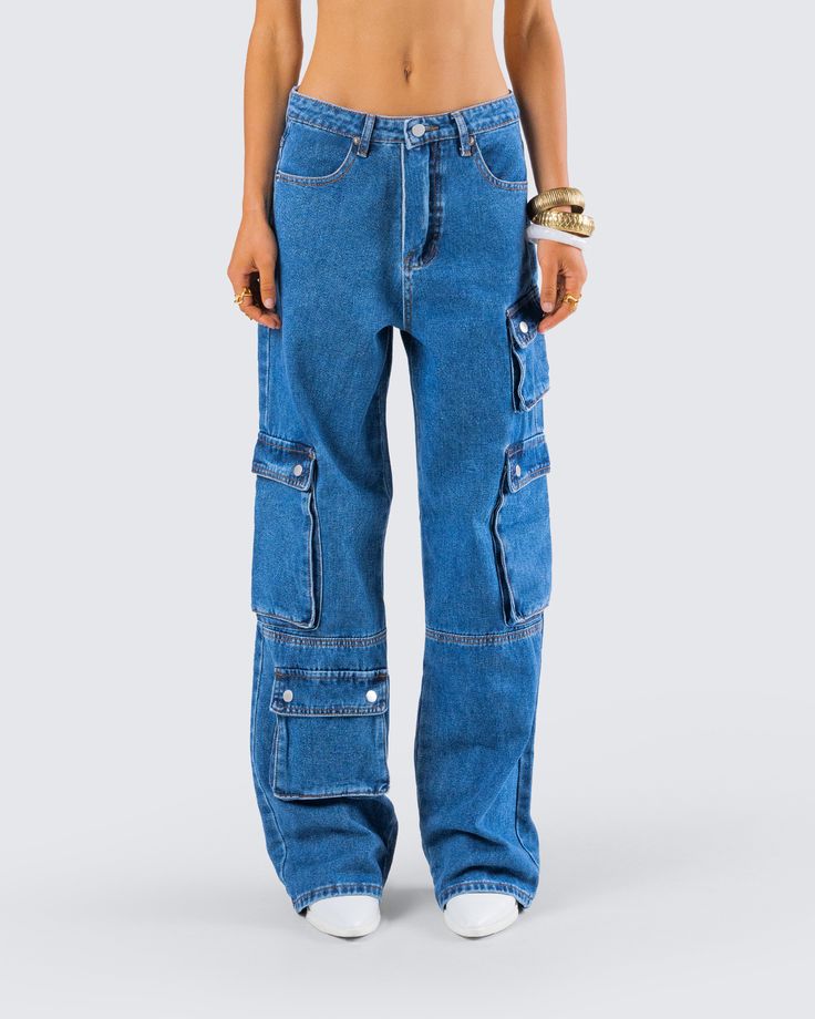 Your everyday style just got an upgrade 💙 Featuring a low-rise, baggy fit and pockets that are perfect for stashing all of your essentials, these blue denim cargo pants will have you turning the streets into your personal runway 👏 Urban Straight Leg Cargo Jeans, Urban Straight Leg Cargo Jeans With Pockets, Trendy Baggy Cargo Jeans In Rigid Denim, Baggy Straight Leg Dark Wash Cargo Pants, Baggy Dark Wash Straight Leg Cargo Pants, Trendy Flare Jeans With Multiple Pockets For Streetwear, Blue Straight Leg Cargo Pants With Multiple Pockets, Blue Cargo Jeans With Pockets, Baggy Blue Rigid Denim Cargo Jeans