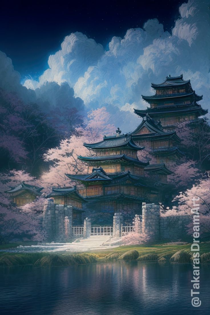 Enjoy the tranquil beauty of this stunning digital artwork, featuring a magnificent Japanese wooden castle nestled by a calm lake during the peaceful evening hours. The intricate details of the castle's architecture, combined with the calmness of the water and the serene surroundings, create a breathtaking and captivating scene that will transport you to a world of pure tranquility. Japanese Palace, Wooden Castle, Japan Illustration, Japanese Water, Japanese Castle, Japanese Temple, Asian Architecture, Castle Art, Quaint Village