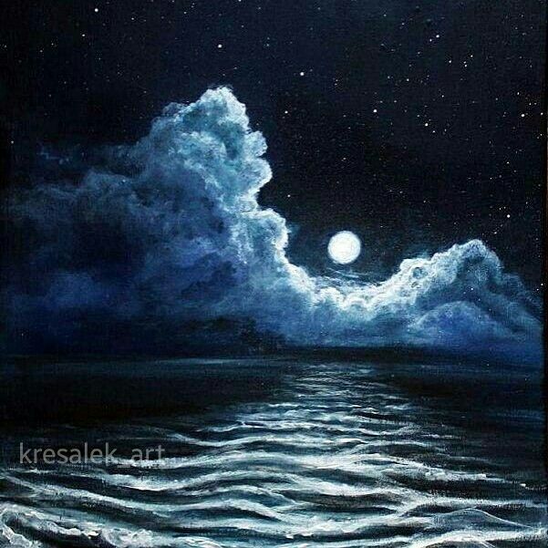 a painting of the ocean at night with clouds and stars in the sky