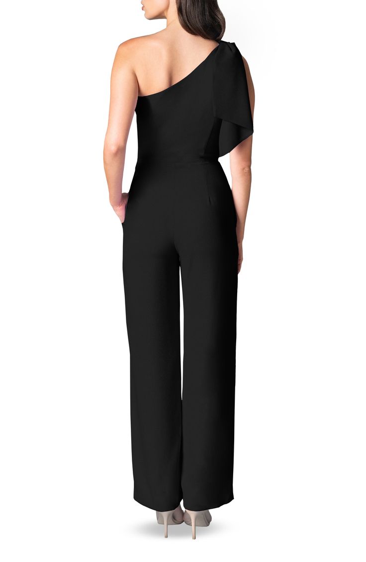 An elegant one-shoulder neckline and figure-skimming silhouette style a sophisticated jumpsuit with two panels that cascade over the single shoulder. 61 1/2" length (size Small) One-shoulder neck Sleeveless Partially lined 97% polyester, 3% spandex Machine wash, dry flat Imported Elegant Formal Strapless Jumpsuit, Sleek Strapless Jumpsuit For Evening, Elegant Black One-shoulder Strapless Jumpsuit, Elegant One-shoulder Jumpsuits And Rompers For Night Out, Elegant One-shoulder Jumpsuits And Rompers For Work, One-shoulder Formal Jumpsuits And Rompers, Elegant One-shoulder Jumpsuit For Night Out, Elegant One Shoulder Jumpsuits And Rompers For Night Out, Elegant One-shoulder Jumpsuit For Party