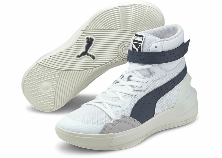 PUMA Sky Modern "White/Peacoat" Men's Basketball Shoe Basketball flash was highkey special in the 80s. The hair was big. The dunks were bigger. And if you wanted to flex, you were soaring in a pair of big and bold mid-tops. With the Sky Modern, we’re keeping the 80s design vibes alive with our iconic mid-top silhouette, but adding modern PUMA Hoops tech to the mix, like ProFoam cushioning, perfect for any playstyle, and high-abrasion grip for peak stability. With this court-ready pair of kicks, White Peacoat, Retro Jordans 11, Jordans Girls, Nike Elite Socks, Modern Shoes, Nike Air Jordans, Nike Basketball Shoes, Nike Basketball, Pumas Shoes