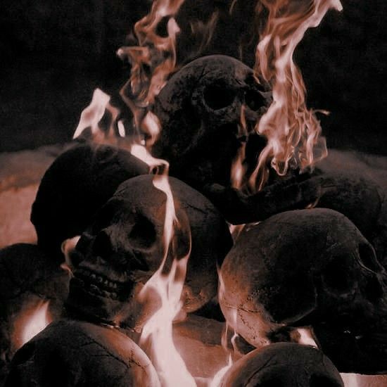 there are many skulls sitting in the fire