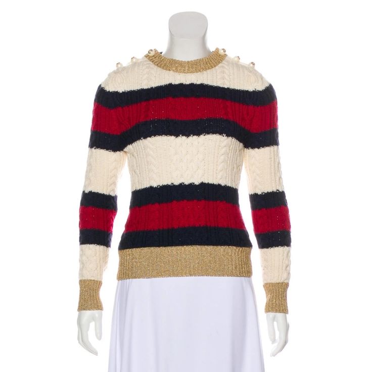 From The 2016 Collection. Ivory And Multicolor Gucci Wool Medium-Weight Knit Sweater With Cable Knit Pattern Throughout, Stripe Pattern, Metallic Trim At Edges, Crew Neck And Dual Interlocking Gg Button Closures At Shoulders. Size Not Listed, Estimated From Measurements. Fabric: 100% Wool; Trim 70% Viscose, 30% Metal Beige Gucci Long Sleeve Sweater, Gucci Beige Long Sleeve Sweater, Fitted Designer Gucci Sweater, Designer Fitted Gucci Sweater, Elegant Gucci Sweater For Winter, White Fitted Designer Sweater, Designer Fitted White Sweater, Gucci 2018, Gucci Sweater