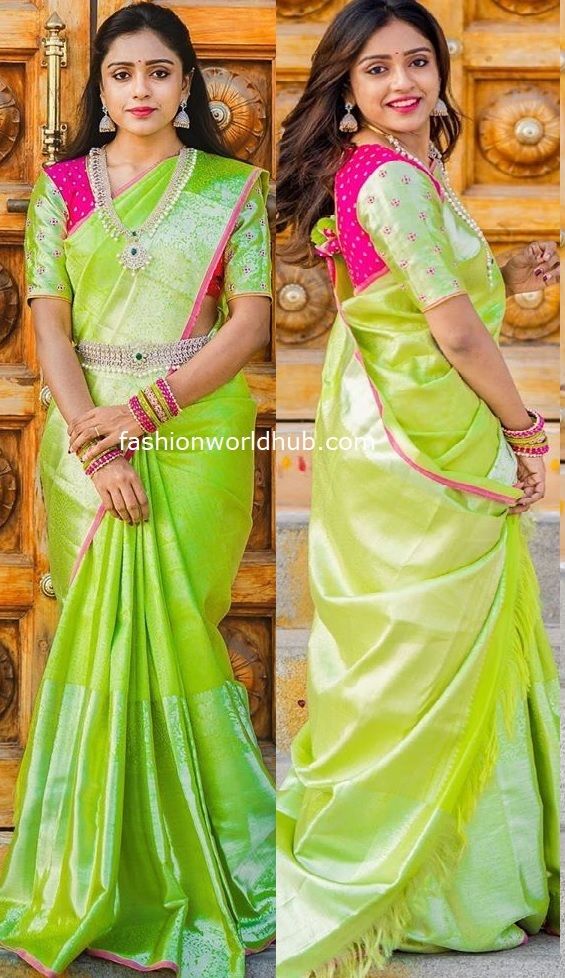 Vithika Sheru in a Green Kanchi pattu saree! | Fashionworldhub Vithika Sheru Saree, Parrot Green Pattu Saree, Green Kanchi Pattu Saree, Green Pattu Saree, Saree Photo Shoot, Vithika Sheru, Parrot Green Saree, Parrot Green, Green Embroidery