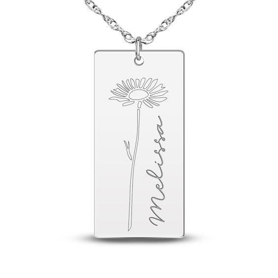 A lustrous high-polish, personalized rectangular pendant is adorned with a flower and displays a name proudly alongside in this vibrant women's necklace. Fashioned in 14K white gold, the 18-inch rope chain secures in place with a spring ring clasp. Personalize with 1 line up to 8 characters. Elegant Name Necklace With Flower Pendant, Elegant Rectangular Jewelry With Engraving Option, Personalized Jewelry Gift With Rectangular Pendant, Personalized Rectangular Pendant Jewelry, Elegant Rectangular Pendant Necklace For Mother's Day, Rectangular Necklaces For Anniversary, Elegant Rectangular Necklace For Mother's Day, Engraved White Gold Necklace With Rectangular Pendant, Customizable Sterling Silver Necklace With Rectangular Pendant