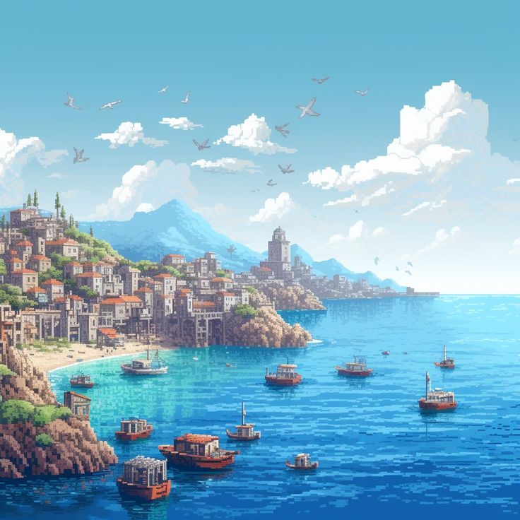 Pixel Art: Mediterranean City Fantasy Mediterranean City, Fantasy Mediterranean, Pixel Landscape, Mediterranean City, Dnd Campaign, City By The Sea, Green Island, Art Pixel, Mediterranean Landscaping