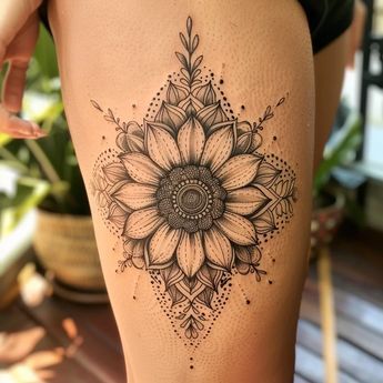 a woman's thigh with a sunflower tattoo design on the thighs and leg