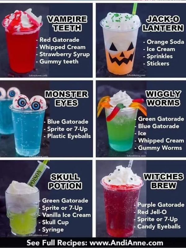 an image of different drinks with names on them and instructions to make it for halloween