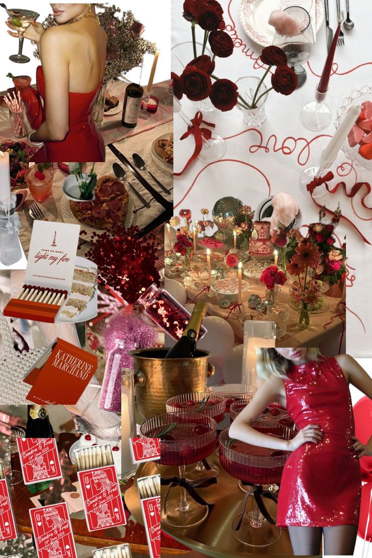 a collage of photos with red and white items on them, including candles, flowers, cards, and other decorations