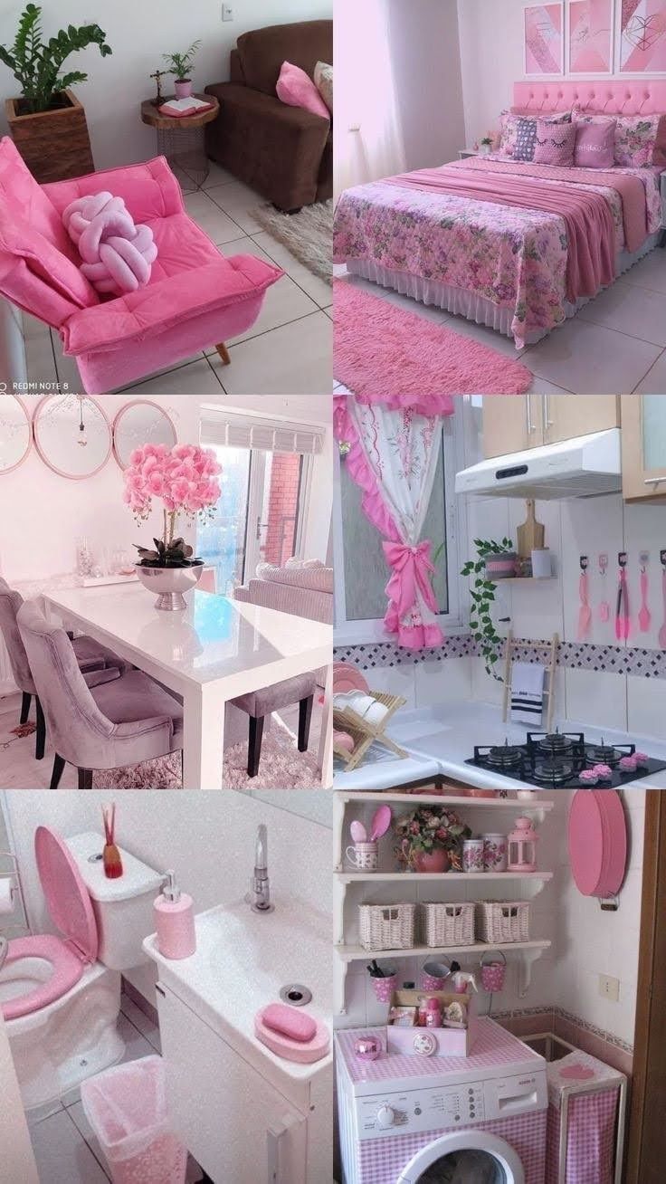 a collage of photos with pink furniture and decor