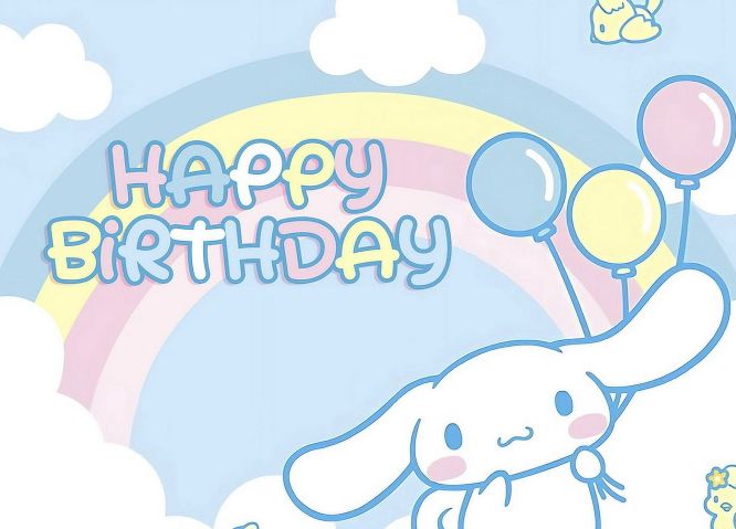 a happy birthday card with an image of a bunny holding balloons in front of a rainbow