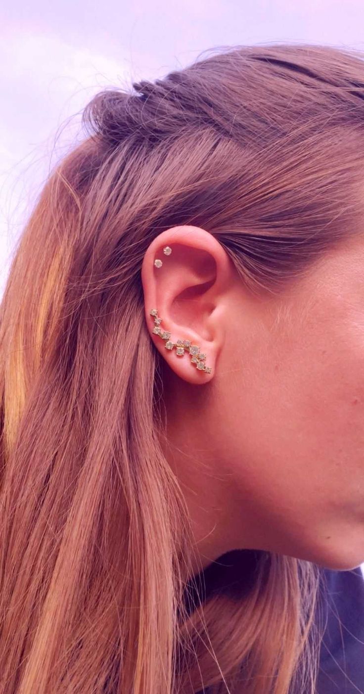 a close up of a person with ear piercings on their ears and wearing an earring