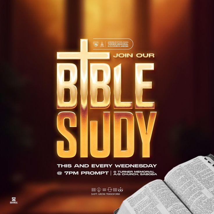 the bible study flyer is shown with an open book in front of it and a cross on