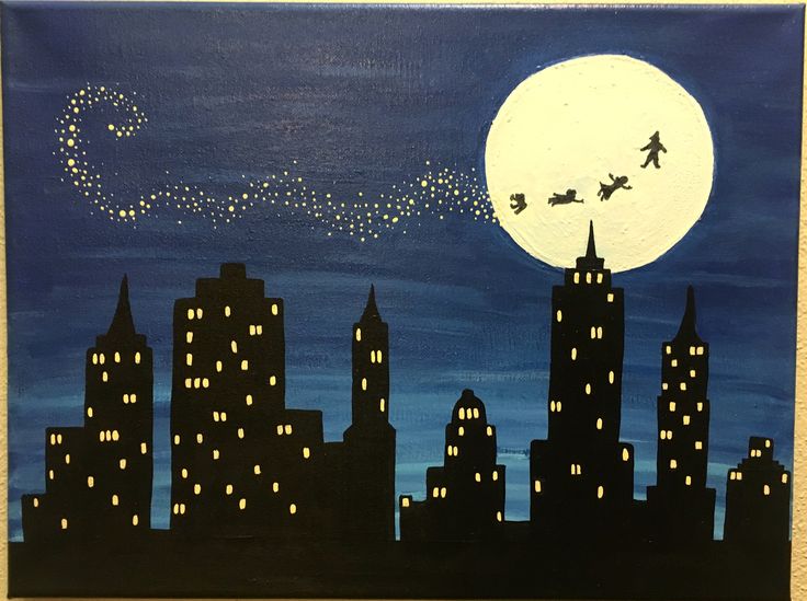 a painting of a city at night with the moon in the sky and birds flying over it