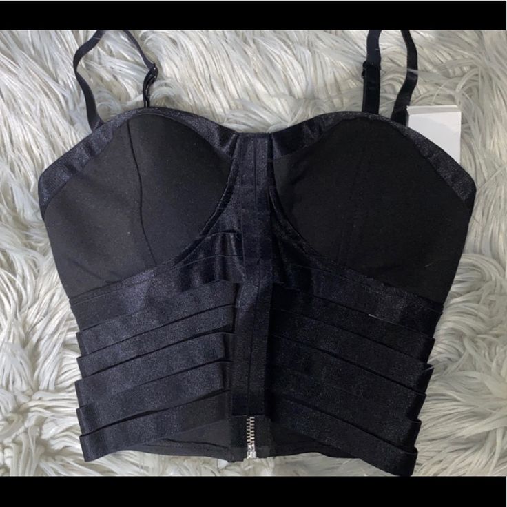 Size Small Black New From Charlotte Russe New W/ Tags Fierce Sculpting Sexy Crop Top Caged Bustier Bandage Bottom Part Padded Bra Part For Lift Metal Zipper On Back Part Straps Are Adjustable Style 2t11527-R2x 88%Polyester 8%Rayon 4% Spandex Fitted Bandage Tank Top For Parties, Trendy Party Corset With Built-in Bra, Fitted Crop Top Bra With Removable Pads, Strappy Party Top With Built-in Bra, Trendy Fitted Crop Top Bra, Party Crop Top With Adjustable Straps, Fitted Crop Top With Tank Straps For Club, Fitted Crop Top Bra With Built-in Support, Party Crop Top Tank With Straps