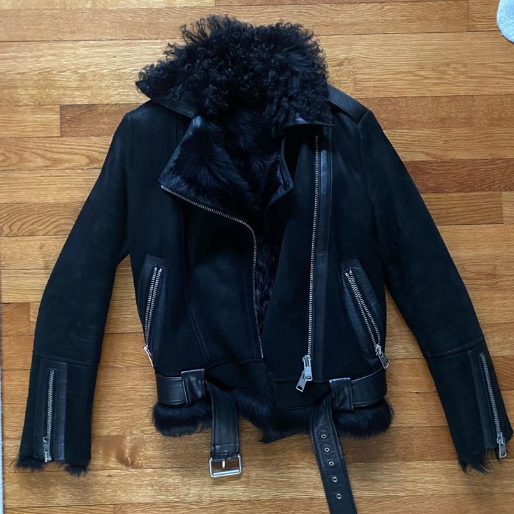 One Of My Favorite Pieces: Black, Waist-Length, Luxuriously Soft Shearling And Fur Jacket Bought From The All Saints Soho Location A Couple Of Years Ago. Extremely Warm And Absolutely Gorgeous. I Have Always Received Compliments On This Jacket! I Am Typically A Size 2/4 And Got The 6 Since I Found It To Run A Bit Small. Black Sheepskin Biker Jacket For Fall, Black Shearling Fur Coat For Fall, Black Shearling Biker Jacket For Fall, Designer Sheepskin Leather Jacket For Fall, Black Shearling Leather Jacket With Faux Fur Trim, Black Shearling Biker Jacket With Faux Fur Lining, Black Shearling Biker Jacket With Long Sleeves, Black Shearling Leather Jacket With Long Sleeves, Black Shearling Leather Jacket