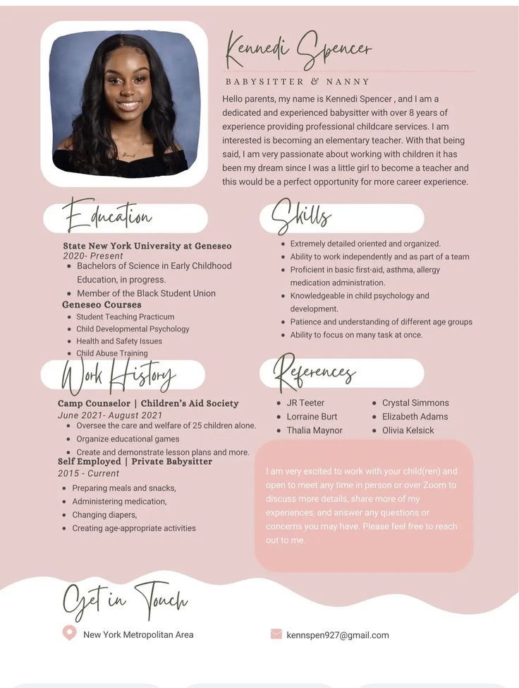 a pink and white resume with an image of a woman