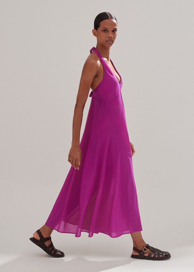 Chic Halter Dress For Beach Party, Elegant Halter Dress For Beach Season, Elegant Halter Dress For Beach, Pink Halter Beachwear Dress For Vacation, Elegant Purple Swimwear For Vacation, Beachwear V-neck Halter Dress For Beach Season, Elegant Beach Dress For Resort Season, Chic Halter Neck Beach Dress For Poolside, Chic Beach Dress With Triangle Top