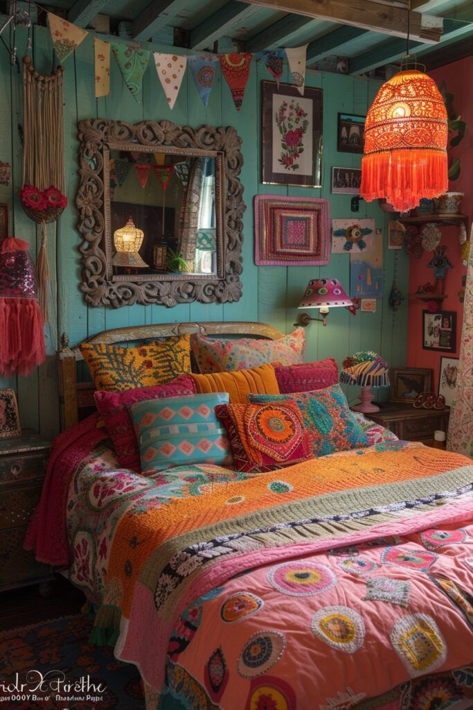 a bedroom decorated in bright colors with pictures on the wall and bed linens hanging from the ceiling