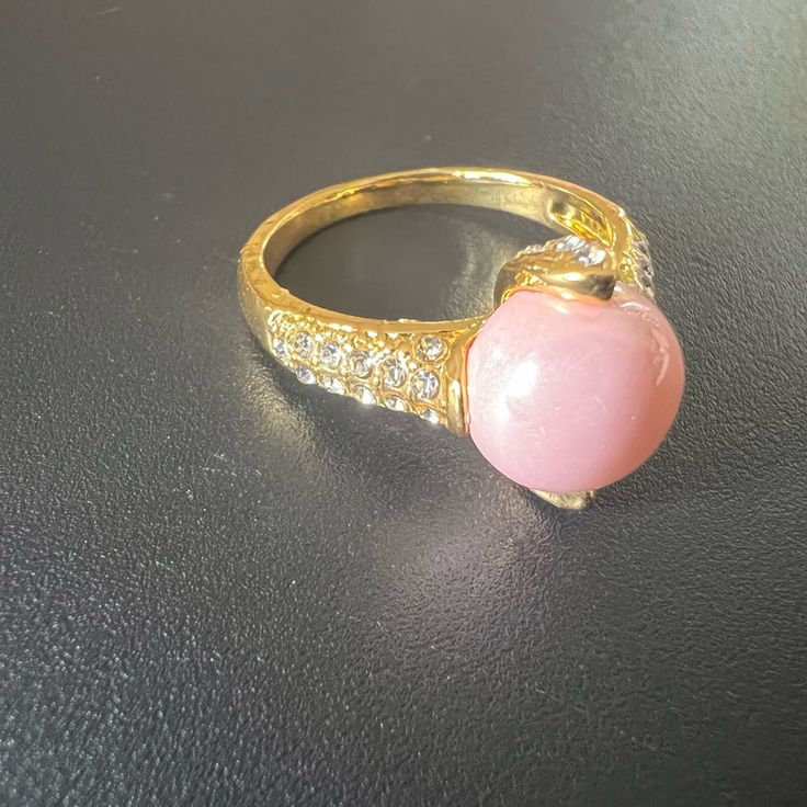 Luxury Woman Fashion Pink Coral Stone Ring Size 9.5 Luxury Wedding Ring Elegant Pink Ring For Anniversary, Elegant Pink Rings For Anniversary, Pink Ring Jewelry For Formal Occasions, Pink Ring For Formal Occasions, Elegant Pink Crystal Ring For Party, Pink Formal Ring Jewelry, Pink Crystal Ring For Valentine's Anniversary, Elegant Pink Pearl Round Ring, Pink Crystal Ring For Anniversary On Valentine's Day