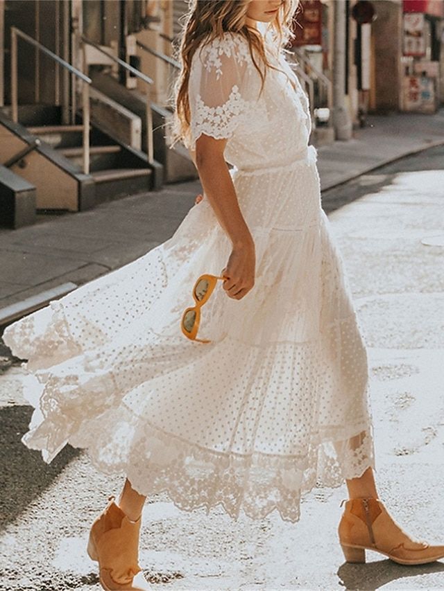 Women's Lace Dress Holiday Dress Swing Dress Maxi long Dress White Short Sleeve Pure Color Contrast Lace Summer Spring V Neck Elegant Vacation 2023 S M L XL 2023 - US $46.99 Short Sleeve Lace Dress, Maxi Dress Outfit, Cotton Sundress, Bohemian Maxi Dress, Short Sleeve Maxi Dresses, White Short Dress, White Dresses For Women, Gowns Of Elegance, Lace Midi Dress