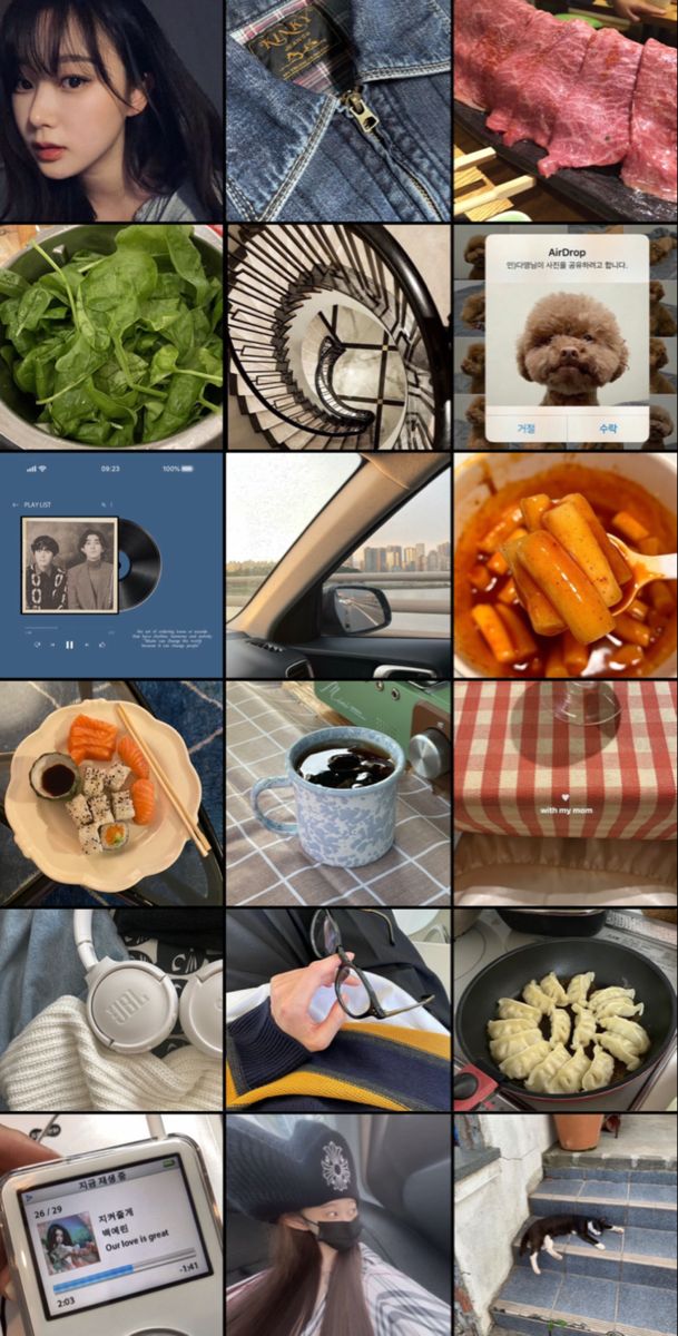 a collage of photos with various foods and food items in the middle one has a woman holding a cell phone