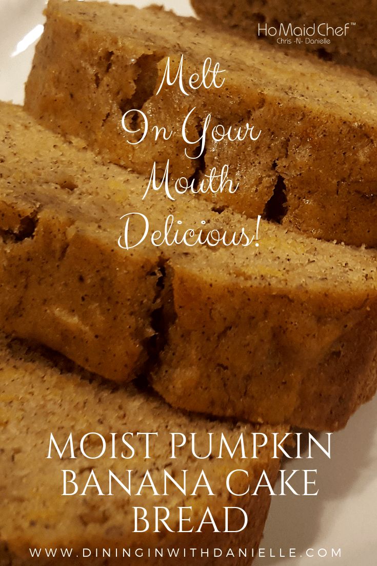 slices of pumpkin banana bread on a plate with the words melt on your mouth mouth delicious