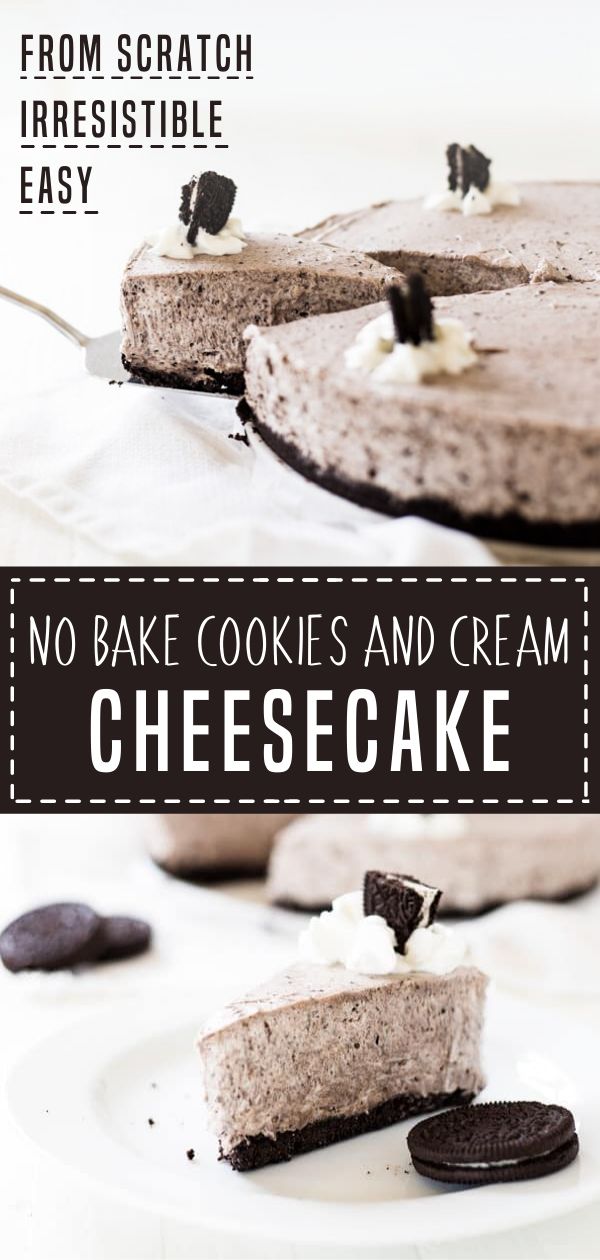 no bake cookies and cream cheesecake on a plate with oreo cookie crust