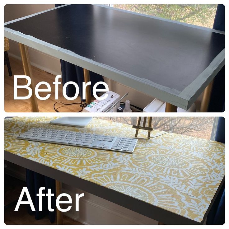 before and after photos of a desk with an old computer on it, the top is painted yellow