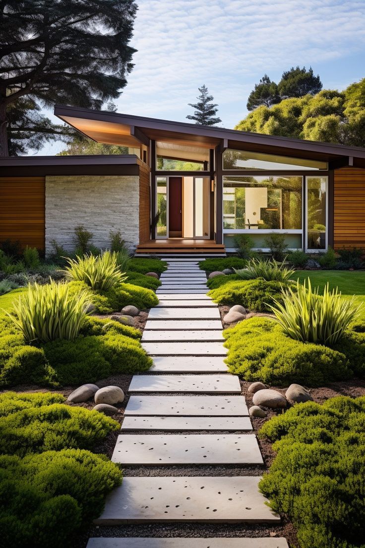 a modern house with grass and rocks in the front yard, surrounded by trees and bushes