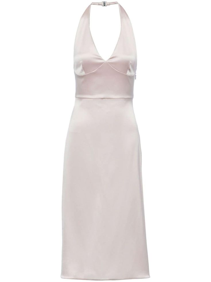 light pink silk satin embroidered logo halterneck V-neck sleeveless fitted waistline low back straight hem mid-length Vintage Dior Dress, Dress Png, Dressy Hats, Prada Dress, Body Con Dress Outfit, Prada Re Edition, Dior Dress, Light Pink Dress, Womens Vintage Dresses