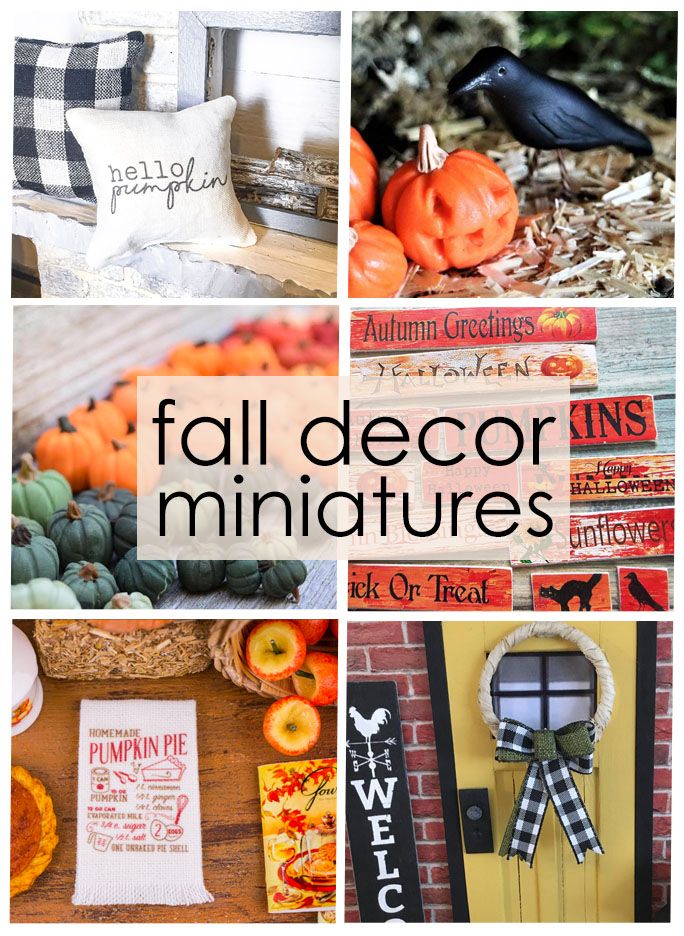 fall decor and miniatures collage with pumpkins, apples, books, pillows