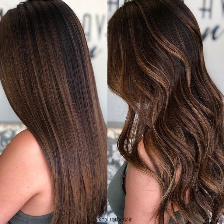 Straight vs curled brunette caramel balayage hair Straight Hair Highlights, Red Balayage Hair, Balayage Straight Hair, Balayage Straight, Balayage Long Hair, Black Hair Balayage, New Hair Ideas, Honey Brown Hair, Brown Hair Looks